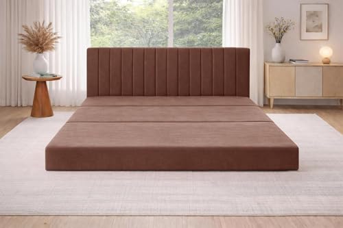 Image of Rosebell 5x6-Three Seater Upholstered Armless Sofa Cum Bed with Backrest | Soft Velvet Fabric Finish | Modern Living Room & Bedroom -Brown-Color