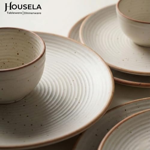 Image of inchHOUSELA Premium Ceramic Dinner Set 12-Piece for 6 - Microwave & Dishwasher Safe Dinnerware | 6 Dinner Plates + 6 Bowls | Modern Rustic Beige | Durable Kitchen Dining Set for Daily Use inch