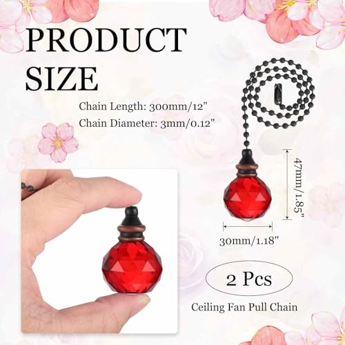 Image of MECCANIXITY 2Pack Ceiling Fan Pull Chain, 12 Inch Decorative Ornaments Crystal Pendant Pull Chain Extension for Ceiling Fans Light Lamp, Red