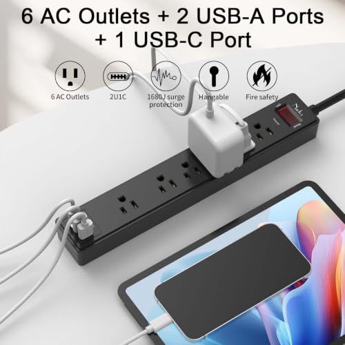 Image of 10Ft Power Strip Surge Protector - Nuetsa Extension Cord with 6 AC Outlets and 3 USB Ports for Home, Office, Dorm Essentials, 1680 Joules, ETL Listed, Black