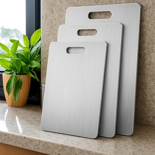 Tablero de corte de acero inoxidable, 3 piezas (pequeño 15×25 cm, mediano 20×29 cm, grande 23×34 cm), rectangular, con mango, apto para lavavajillas, ideal para vegetales, carne y frutas miniatura 3