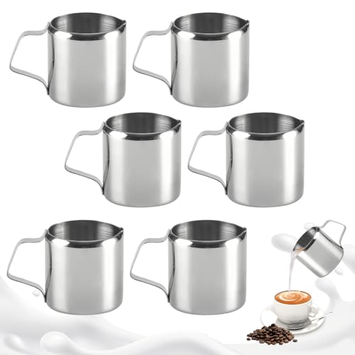 WIYETY Lot de 6 pots à lait en acier inoxydable de 90 ml, mini pots à mousse de lait de 3 oz, petit pot à expresso, pot à mousse de lait, petits pichets pour crème à café, cappuccino latte