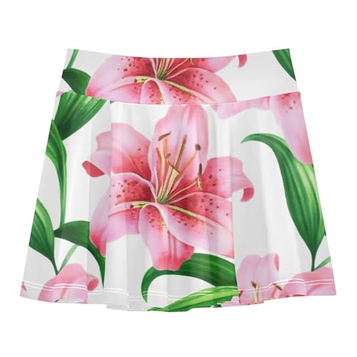 Girls Skorts Athletic Shorts Tennis Skirts Kids Clothes Pleated Watercolor Lily Flowers Green Leaves White 3t