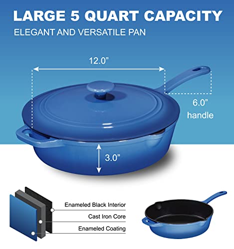 Bruntmor-5qt-Blue-Enameled-Cast-Iron-Skillets-With-Lid-and-handle-Non-Stick-Cookware-And-Grill-For-Casserole-Dish-5-Quarts-Cast-Iron-Skillets-Grill-Frying-PanSaute-panBakeware