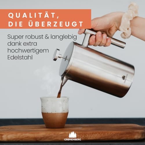 Groenenberg French Press I Hochwertige French Press Thermo mit Warmhalte-Funktion I Edelstahl Kaffeebereiter Kaffeepresse in 3 Größen bis 1… – Ansicht 6
