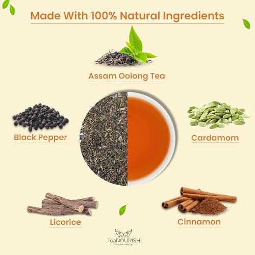 TeaNOURISH Imperial Masala Oolong Tee | Assam-Loseblatt | Blumiges Aroma und Geschmack | Mischung aus Kardamom, Zimt, Nelke, Lakritze | 100% NATÜRLICHE ZUTATEN – 50 g