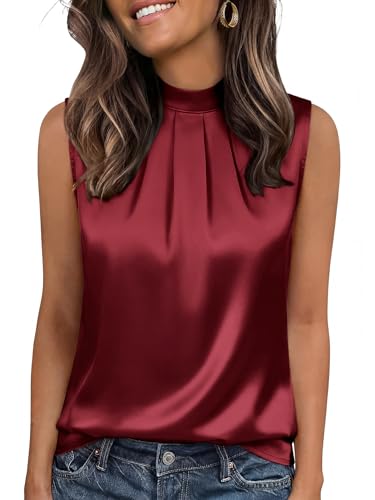 Image of Funlingo Women's Silk Satin Tank Tops Mock Neck Camisole Dressy Sleeveless Blouse Business Casual Pleated Summer Shirts 2026