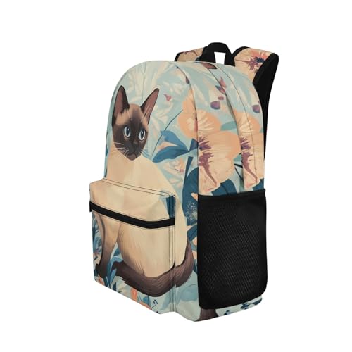 Large Capacity Elementary School Bags for Girls Cute Siamese Cat Backpacks Ages 6-12 17 Inch Lightweight Comfy Padded Back Book Bags with Front Pocket Blue2