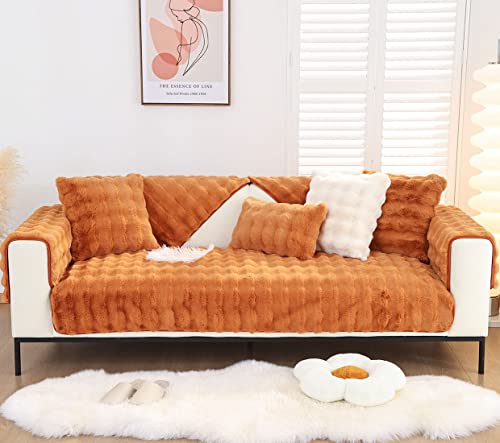 Xslive Soft Warm Faux Fur Couch Sofa Cover Thick Shaggy Fuzzy Sectional Couch Cover Non-Slip Solid Color Plush Sofa Slipcover Furniture Protector For Kids, Pets (Dark Orange,28"X28") #TOP1