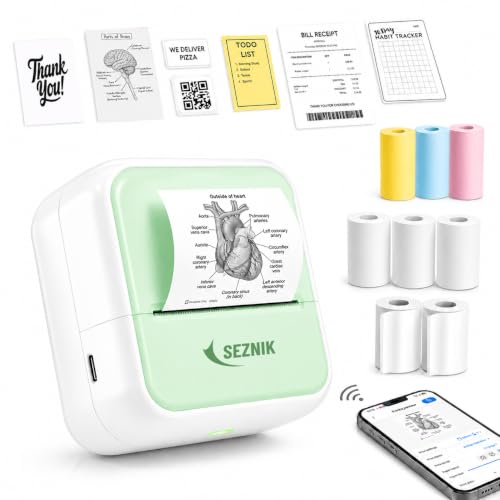 SEZNIK Mini Printer, Inkless, Thermal, Bluetooth, Portable Printer, Compatible Android, iOS Mobile. 1 Year Warranty (MiniX-Green)