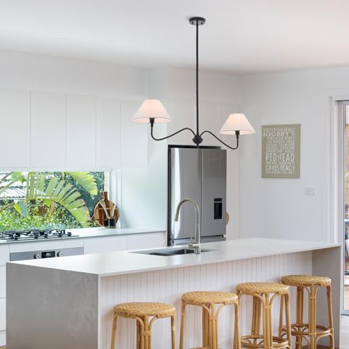 VANZARLA Modern Linear Chandelier for Kitchen Island, 2-Light Linear Light Fixture with Off-White Fabric Shade, Rustic Pendant Light for Dining Room by VANZARLA - Image 2
