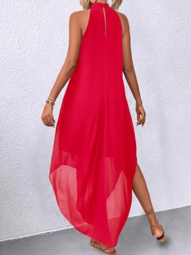 Image of Verdusa Women's Wedding Guest Dress Halter Flowy Chiffon Long Bouncy Dress | Cocktail Dress, Asymmetrical Dress for Women, Sleeveless, Prom Dress, Cruise Outfits, Boho