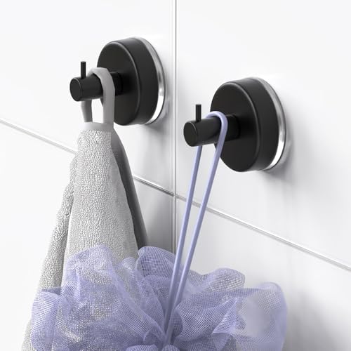 Image of HUFEEOH Suction Cup Hooks for Shower, 4 Pack Removable Towel Holder Wall Hooks for Inside Shower, No Drill Towel Hooks for Bathroom Hanger Wall Mount (Black)