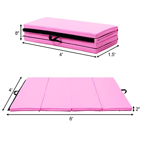 Giantex 6 Ft X 4 Ft Gymnastics Mat, Folding Anti-Tear Exercise Floor Mats W/Handles,Hook And Loop Fastener,Portable Folding Tumbling Mat Lightweight Gymnastics Panel Mat For Yoga, Workout (Pink) #TOP3