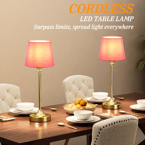 Image of Cordless Table Lamps Rechargeable Set - 2 Pack Brass 4000mAH Battery Operated Lamps for Decor, 3000K Stepless Dimming Touch Control Wireless Lamps for Bedroom, Dining Table, Living Room, Rose Shade