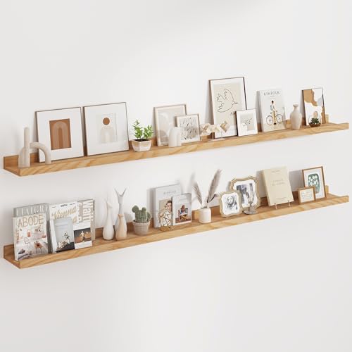 Floating Picture Ledge Shelves 72 Inch Solid Oak Wood Set of 2, Rustic Wall Storage Shelves with Lip, Kids Bookshelf, Photo & Picture Ledge Shelves for Bedroom, Living Room, Kitchen
