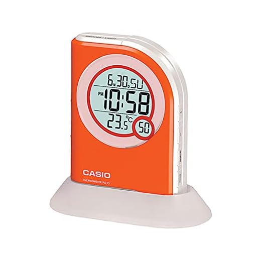 Casio Pq75-4df Multi Function Digital Thermometer Table Top Alarm Clock, Orange (PQ75-4)