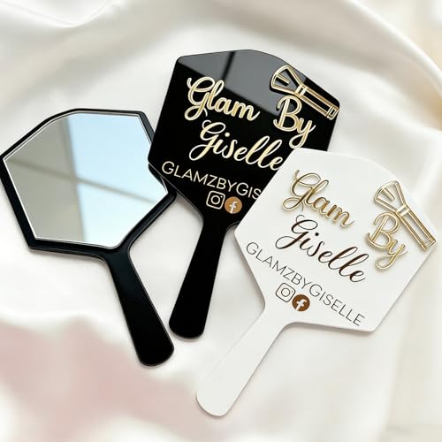 EBONY Personalized Handheld Mirror with Custom Logo 3D Cut or UV Printed Acrylic Mirror for Lash Tech Hair Stylist & Makeup Artist Client Reveal Salon Branding Tool (Black)