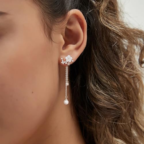 SELFROSE Elegant Silver Flower Dangle Earrings with Pearls and Zircon for Women - Hypoallergenic Wedding Jewelry - Image 3