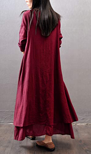 R.Vivimos Women Long Sleeve Cotton Casual Loose Plus Size Irregular Long Dresses (XL, Wine Red)