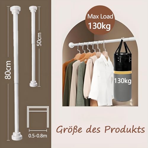 HSYTEK Teleskopstange, 50-80cm Gardinenstange ohne Bohren, Durchmesser 25mm Ausziehbare Vorhangstange, Klemmstange für Garderobe, Vorhänge, Badezimmer, Weiß