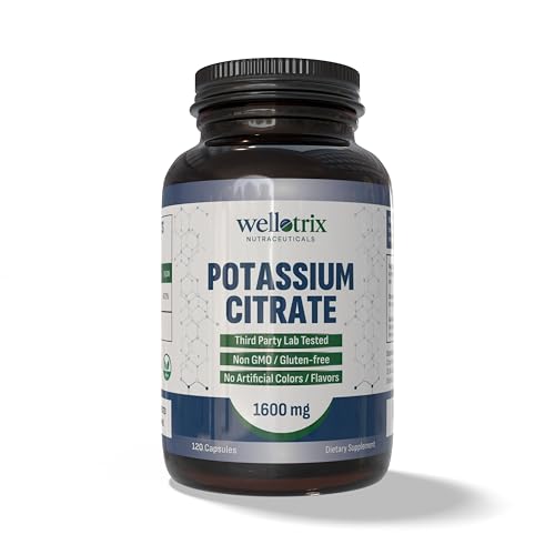 Wellotrix Potassium Citrate 1600 mg 120 Vegan Capsules Electrolyte Balance Kidney Support Urinary pH Health Non-GMO Gluten-Free Made in USA Vegan Formula