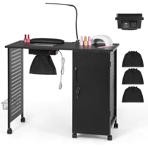 AGESISI Nail Desk for Nail Tech Manicure Table with Dust Collector Charging Station, Nail Tech Table with 4 Storage Drawers, LED Lamp, Lockable Wheels, Nail Station for Home & Spa Salon, Black Cover