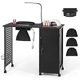 AGESISI Nail Desk for Nail Tech Manicure Table with Dust Collector Charging Station, Nail Tech Table with 4 Storage Drawers, LED Lamp, Lockable Wheels, Nail Station for Home & Spa Salon, Black