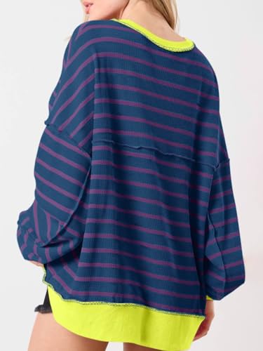 Tankaneo Womens Oversized Striped Sweatshirts Henley Shirts Color Block Casual Pullover Waffle Knit Tops Navy — view 2