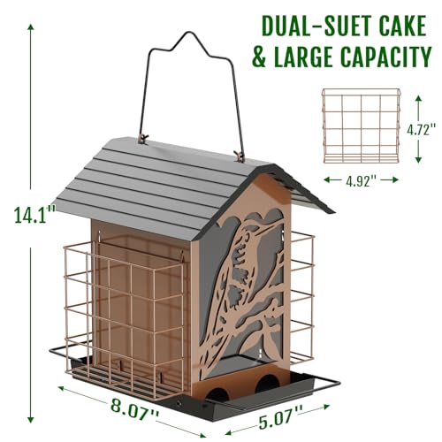 Birdream Bird Feeders for Outdoors, 5 Lbs Metal Bird Feeder with Double Suet Cages, 2 in 1 Mixed Seeds Suet Feeder, Large Capacity & Weatherproof Metal Roof, Attract Cardinals Wildbird Woodpecker - Image 4