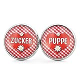 PRODUKT: 1 Paar süße SCHMUCKZUCKER Edelstahl Ohrringe mit Motiv Zuckerpuppe, Silber, Rot-Weiß Kariert mit Herz und kleinem Edelweiss