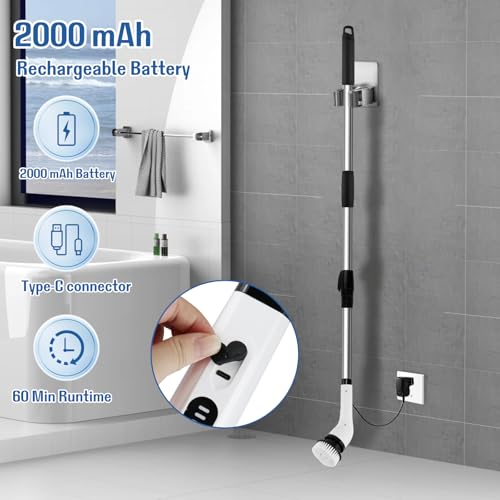 Cepillo Electrico Limpieza Hogar Kit, Escoba Limpieza Fregadora Electrica, con 7 Cabezales de Cepillo de Repuesto, Power Scrubber con Mango Ajustable, para Baño, Suelo de Baldosas, Coche - imagen 4
