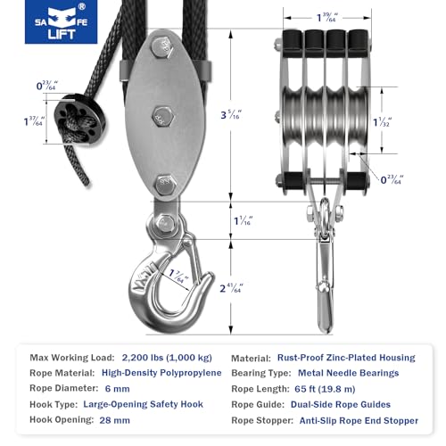SALIFTFE Block and Tackle Pulley System, Upgraded 4-Wheel Rope Hoist with Dual Guide Wheels & Wide-Opening Hooks, 8:1 Lifting Power, 2200LB Max Load, 65FT x 1/4\" Rope for Garage, Hunting, Lifting - Thumbnail 2