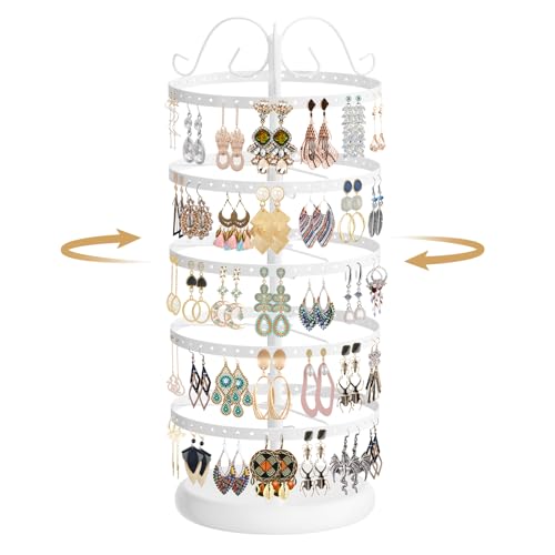 Image of MODOWEY Rotating Earring Holder Organizer Stand, 5 Tier Metal Tree Display for Women Vendors, 220 Holes Adjustable Jewelry rack for Stud Hoop Dangle Storage, Trendy Carousel Keeps Dresser Neat, White