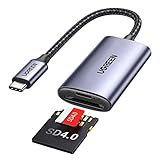 Aluminiumgehäuse-Kühlmaterial: UGREEN USB C SD Card Reader nimmt eine leichte und verschleißfeste Aluminiumhülle an, die sicherstellen kann, dass Ihre SD-Speicherkarte eine niedrige Temperatur aufrechterhalten kann, wenn sie im Vergleich zum Kunststoffgehäuse mit hoher Geschwindigkeit läuft, um übermäßige Erwärmung und Schäden an der Speicherkarte zu vermeiden, die den Datenübertragungseffekt beeinträchtigen. (UGREEN-Labormessdaten dienen nur als Referenz)