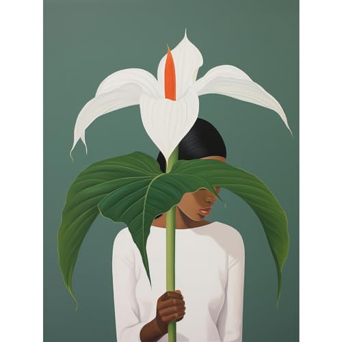 Artery8 Giant Peace Lily Showcase Realistic Oil Painting White Teal Green Woman with Flower Minimalist Artwork Large XL Wall Art Canvas Print