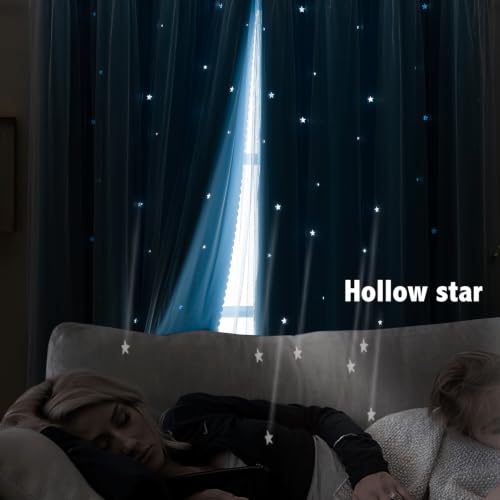 Image of indistar Star Cutout Kids Window Blackout Curtains for Girl Bedroom Window Room Darkening Curtains & Drapes Baby Nursery Curtains (2 Panel,35Wx84L inch,Sky Blue)