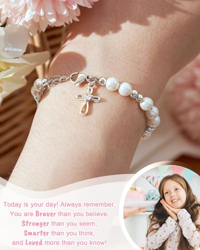 Tarsus Happy Birthday Gifts for Girls, 4 5 6 10 Year Old, White Pearl Cross Bracelet for Daughter Niece Granddaughter Girls Birthday Ideas4