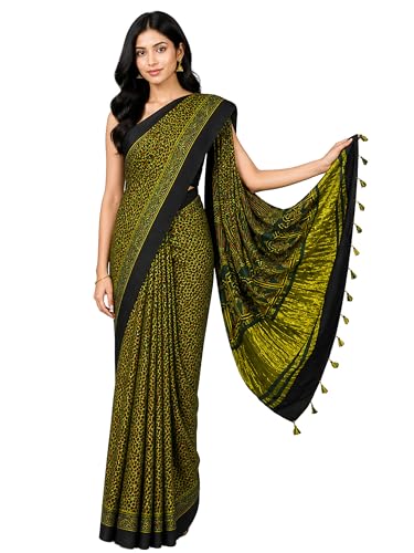 Image of Ethnics of Kutch Womens Ajrakh Modal Silk Natural Dye Golden Border Hand Block Print Saree with Blouse Piece - 5.5 Mtr Length