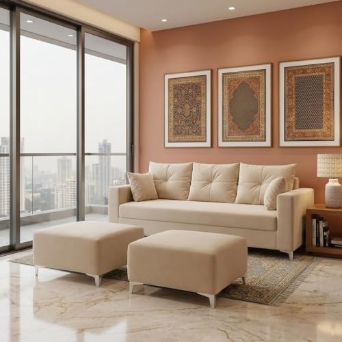 Image of Zora 5 Seater L Shape Sofa Set with 1 Movable Ottomans | Flexible Layout | Rich Velvet Suede Fabric | Silver Legs | Spacious Seating | Modern Sofa for Living Room (Cream)