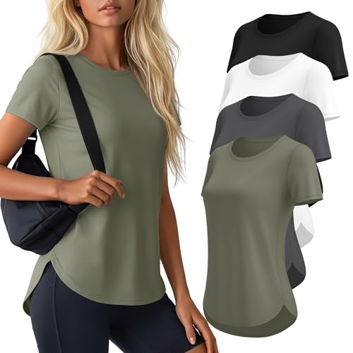 Locoowai 4 Pack Womens Workout Shirts UPF 50+ Athletic Breathable Short Sleeve Tops Quick Dry Split Hem Running Gym Yoga Tee(White Black Dark Gray Grey Green X-Large)