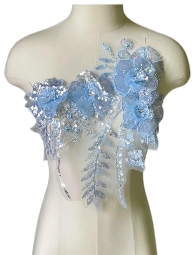 JRYYR Blue Sequin Applique Patches Handmade DIY Sew on 3D Flower Appliques for Clothing Dresses Dance Costumes Bags Home Decor (Blue-A)