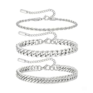 JEMARA 3Pcs Stainless Steel Mens Bracelet,Adjustable Sturdy Silver Cuban Chain Bracelet Set for Men