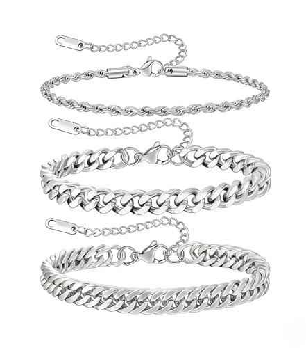 JEMARA Mens Bracelet,Fashion Silver Bracelet for Men Stainless Steel Silver Chain Bracelet Set Mens...