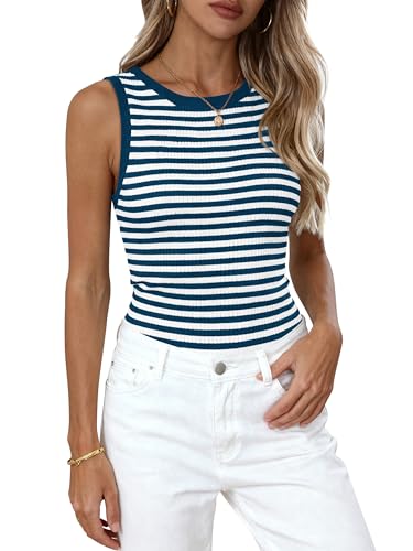 Image of PRETTYGARDEN Summer High Neck Striped Tank Tops for Women Casual Sleeveless Sweaters Basic Ribbed Knit Slim Fitted Shirts