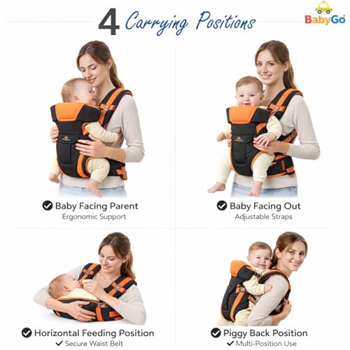 Image of BabyGo Kid Seat Baby Hip Carrier 4-in-1 Adjustable Baby Carrier Cum Kangaroo Bag|Front, Back|for 6 to 24 Months Baby|Newborn to Toddler Carrier|Safety Belt & Buckle Straps|Up to 15 Kgs (Orange)
