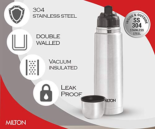 Milton Thermosteel Flip Lid Flask 1000, Double Walled Vacuum Insulated 1000 Ml | 34 Oz | 1 Qt. | 24 Hours Hot And Cold Water Bottle With Cover, 18/8 Stainless Steel, Bpa Free, Leak-Proof | Silver #TOP3