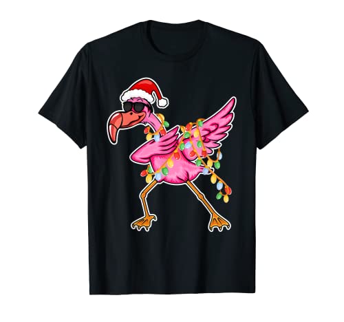 Funny Dabbing Flamingo Lover Santa Hat Xmas Lights Christma Maglietta