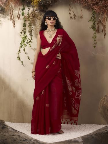 Image of AKHILAM Women's Kanjivaram Pure Silk Floral Printed Saree With Unstitched Blouse Piece
