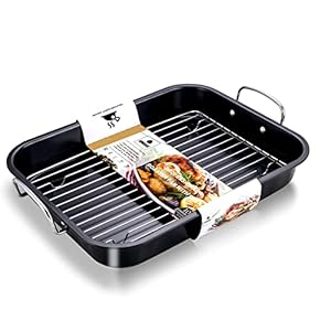 HONGBAKE Small Roasting Pan with Flat Rack, Nonstick Chicken Roaster Tray, Mini Oven Pans for Cooking Lasagna with Stainless Steel Handles, 16 X 11Inch
